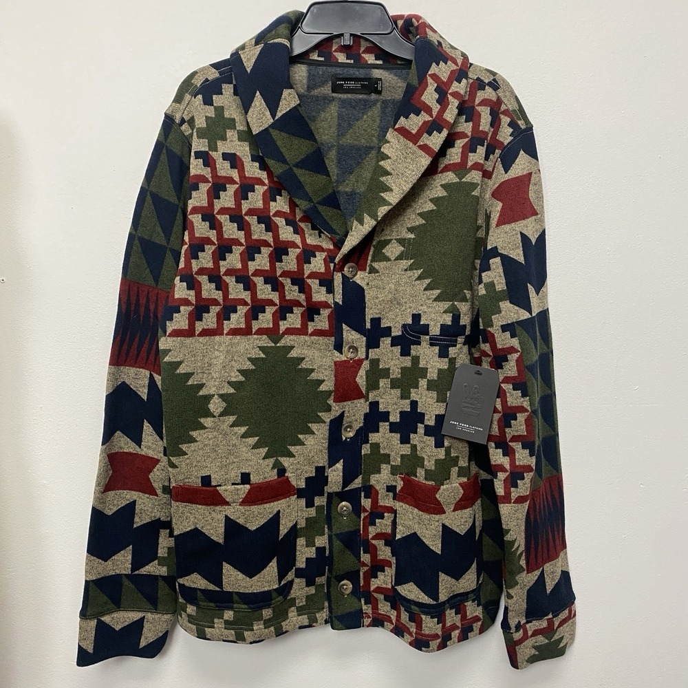 Junk Food Clothing Rune Cardigan Sweater Men Large Kombu Green Fleece Aztec West
